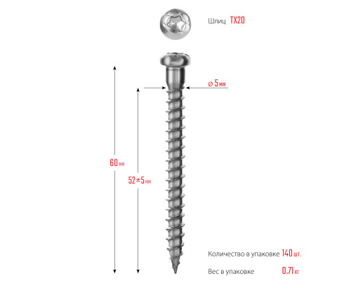 ЗУБР СПК 60 х 5 мм, TX20, саморез для перфорированного крепежа, цинк, 140 шт (30061-50-60)