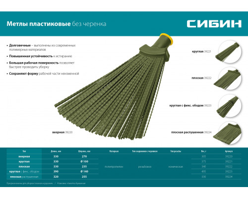 СИБИН 380х260мм, плоская гибкая, полипропилен, коническое резьбовое соединение, пластиковая метла (39222)