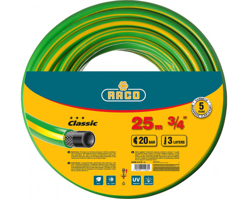 RACO CLASSIC, 3/4″ 25 м, 20 атм, трёхслойный, армированный, поливочный шланг (40306-3/4-25)