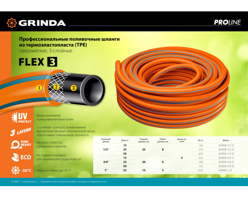 GRINDA FLEX 3, 1/2″, 25 м, 25 атм, из термоэластопласта, трёхслойный, армированный, гибкий, поливочный шланг, PROLine (429008-1/2-25)