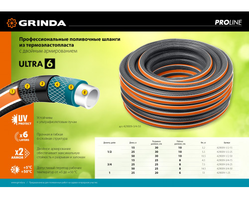 GRINDA ULTRA 6, 1/2″ 50 м 30 атм шестислойный, двойное армированиие, поливочный шланг PROLine (429009-1/2-50)