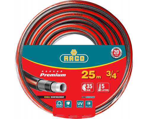 RACO PREMIUM, 3/4″ 25 м, 35 атм, пятислойный, усиленный двумя слоями армирования, поливочный шланг (40300-3/4-25)