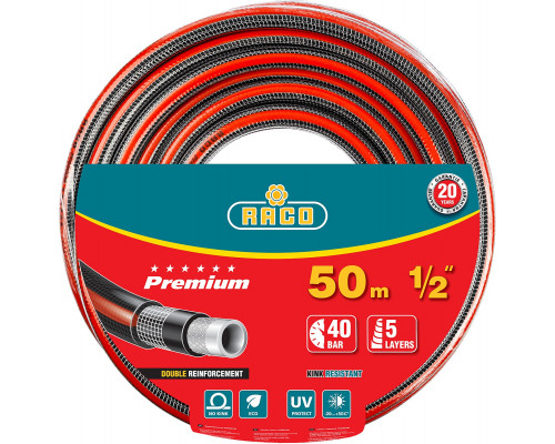 RACO PREMIUM, 1/2″ 50 м, 40 атм, пятислойный, усиленный двумя слоями армирования, поливочный шланг (40300-1/2-50)