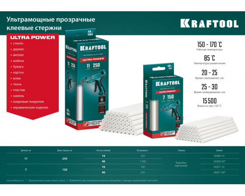 KRAFTOOL Ultra Power 7х150 мм, 16 шт, Ультрамощные клеевые стержни прозрачные (06837-16)