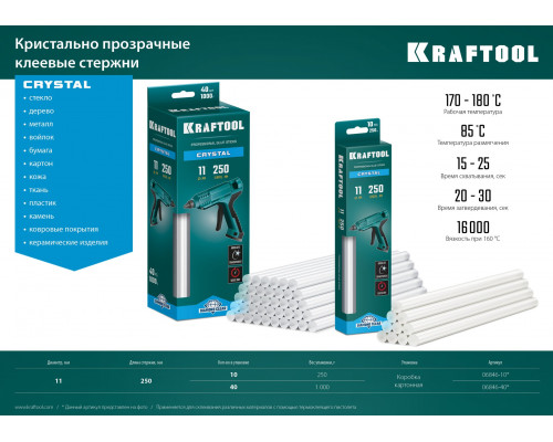 KRAFTOOL Cristal, 11 х 250 мм, 10 шт., кристально прозрачные клеевые стержни (06846-10)