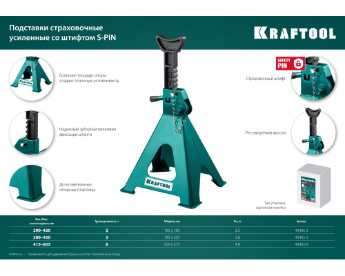 KRAFTOOL S-PIN, 3т, 280-430 мм, Усиленная страховочная подставка со штифтом (43465-3)