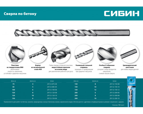 СИБИН 8 x 200 мм сверло по бетону