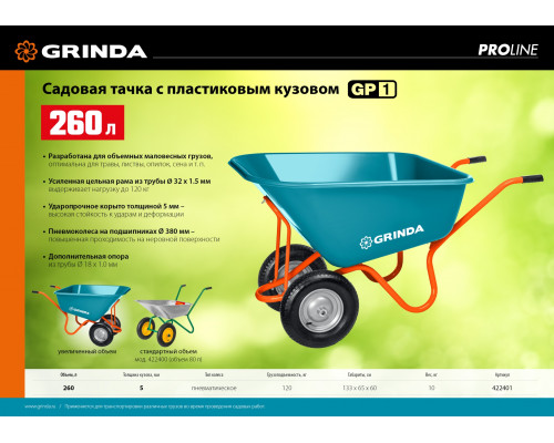 GRINDA GP-1, кузов увеличенного объема 260л, г/п 120кг, ударопрочный пластик, PROLine (422401)