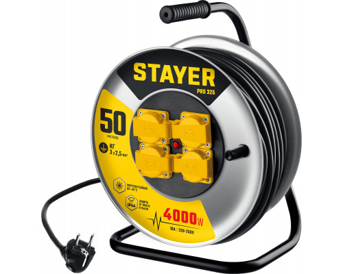 STAYER PRO 325 КГ 3х2.5 50м 4000Вт IP44, Силовой удлинитель на стальной катушке (55076-50)