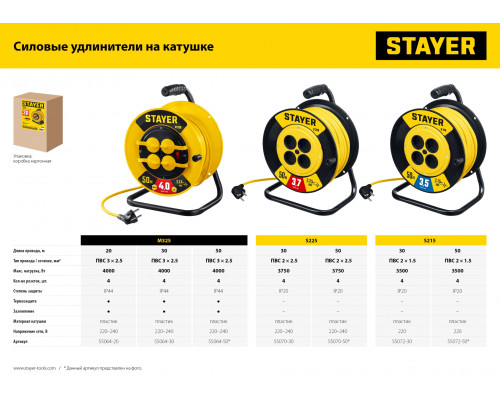 STAYER S-225 ПВС 2х2.5 30м 3750Вт, Силовой удлинитель на катушке (55070-30)