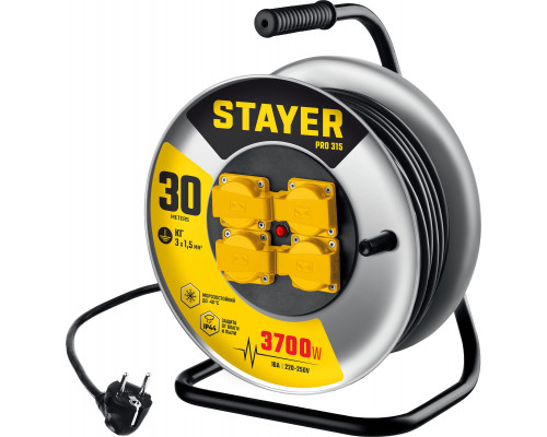 STAYER PRO 315 КГ 3х1.5 30м 3700Вт IP44, Силовой удлинитель на стальной катушке (55077-30)