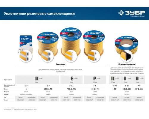 ЗУБР E-профиль, размер 9 х 4мм, белый, 150м, самоклеящийся резиновый уплотнитель (40921-150)