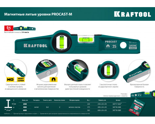 KRAFTOOL PROCAST-M 600 мм, Магнитный литой уровень (34718-060)