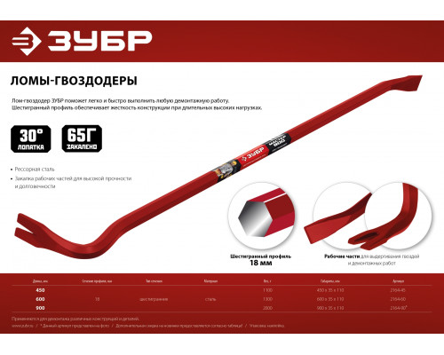 ЗУБР HEX-18, 900 мм, Лом-гвоздодер (2164-90)
